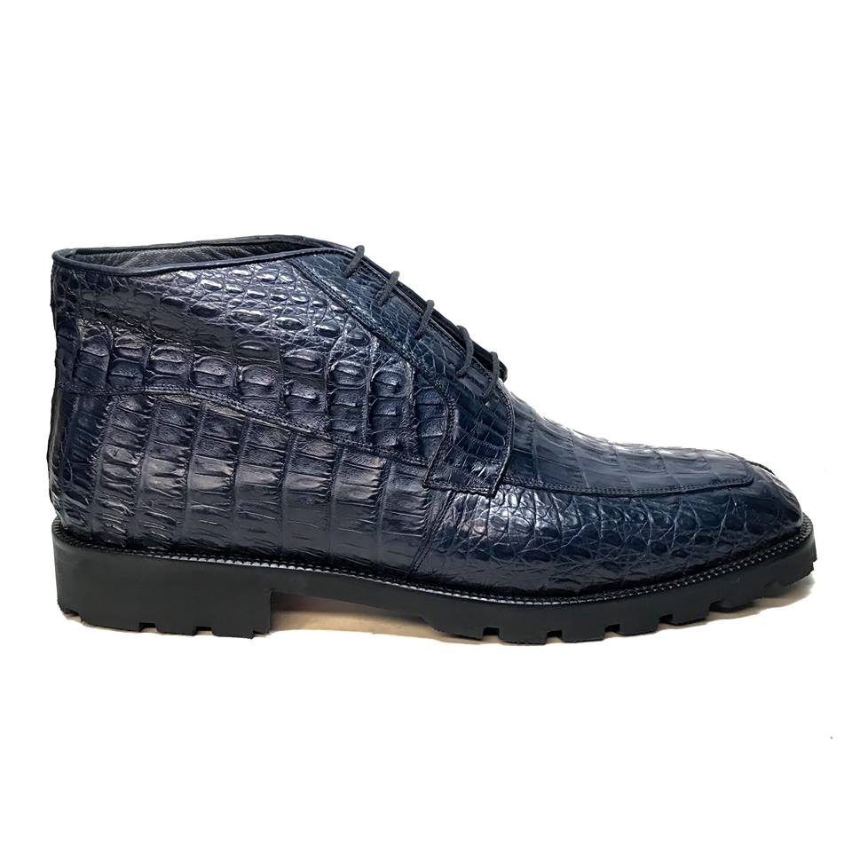 Los Altos Navy Blue All-Over Crocodile Lace Up Ankle Boots - Dudes Boutique