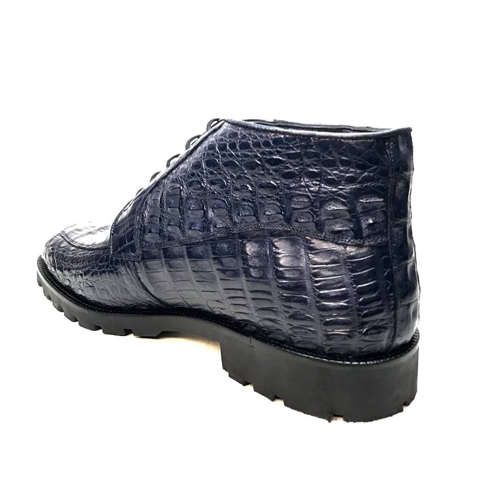 Los Altos Navy Blue All-Over Crocodile Belly Lace Up Ankle Boots - Dudes Boutique