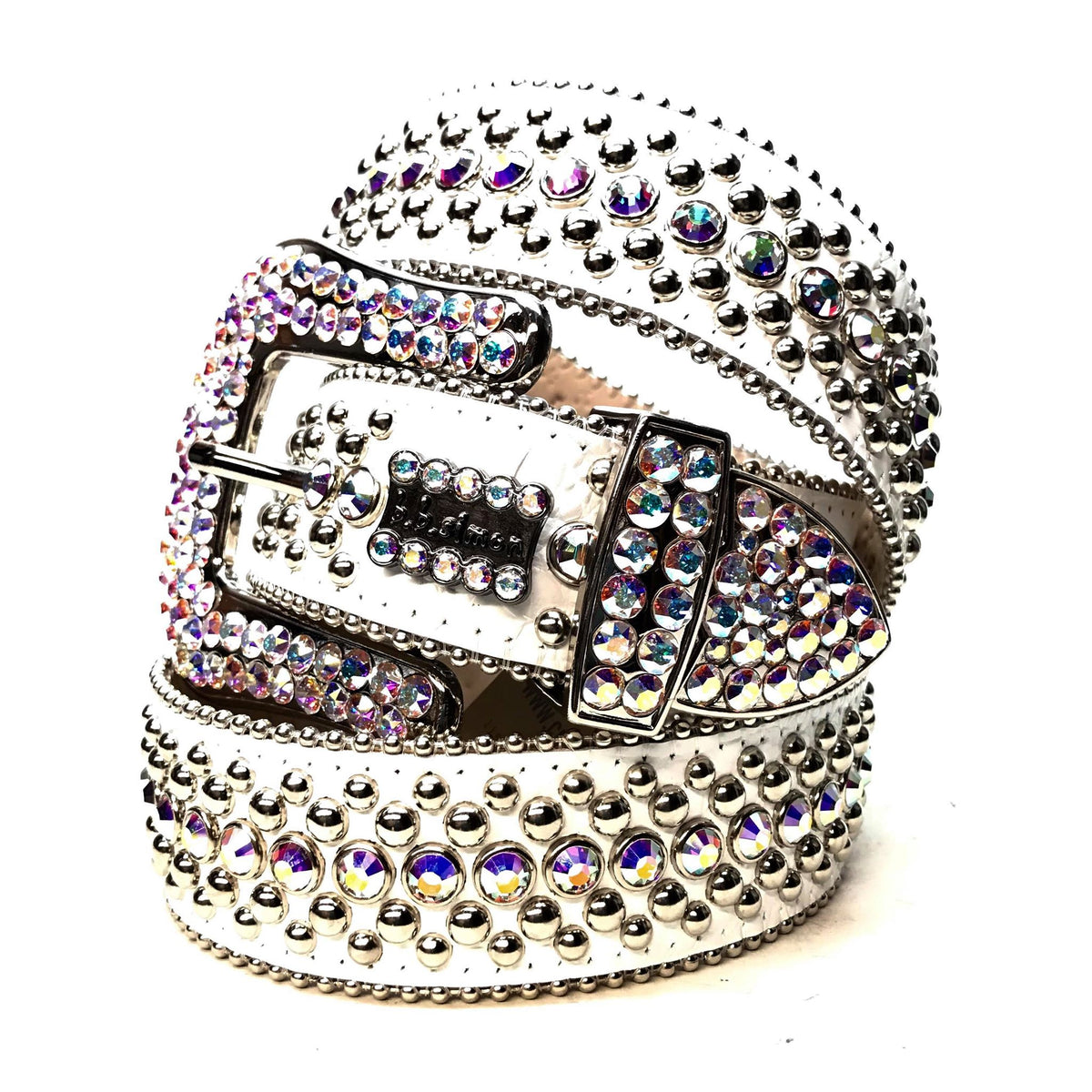 B.B. Simon White Belt with Purple Crystals and Silver Parachute Studs