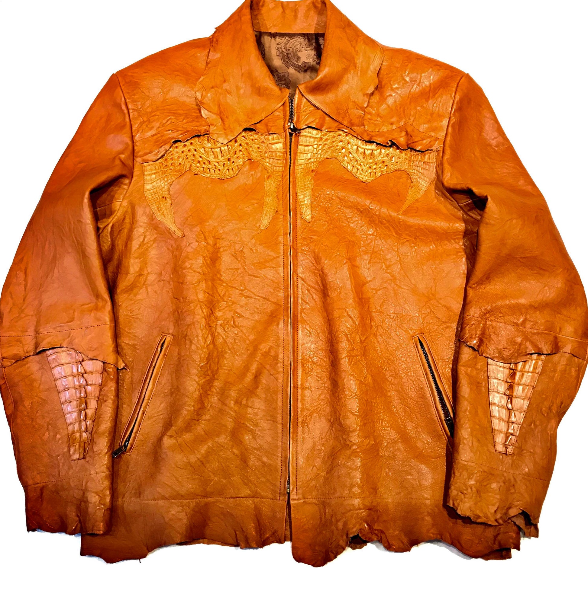 Kashani LUX Cognac Raw Cut Alligator Lambskin Bomber Jacket - Dudes Boutique
