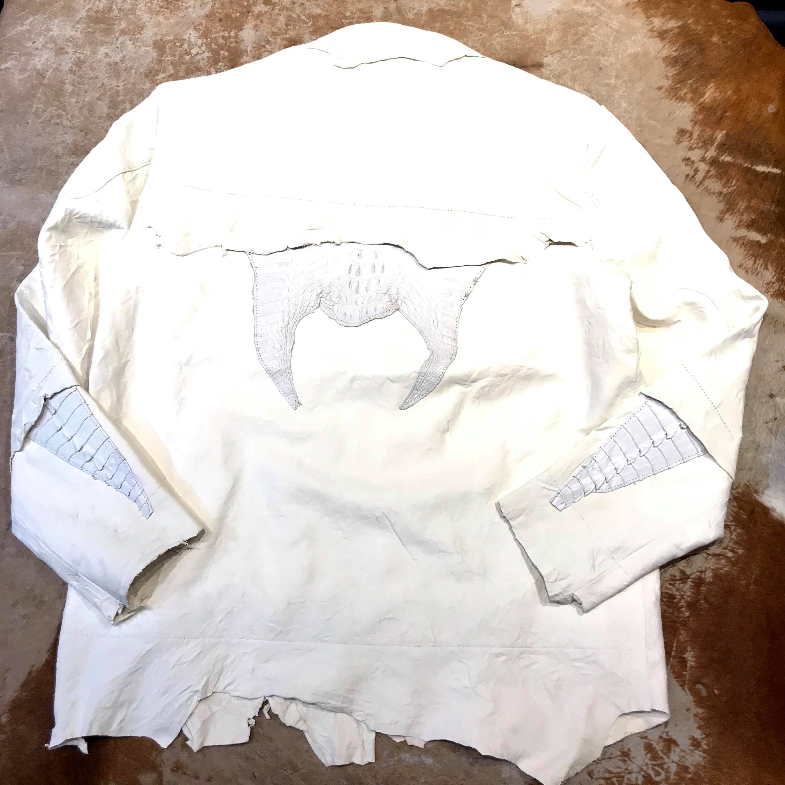 Kashani LUX White Raw Cut Alligator Lambskin Bomber Jacket - Dudes Boutique