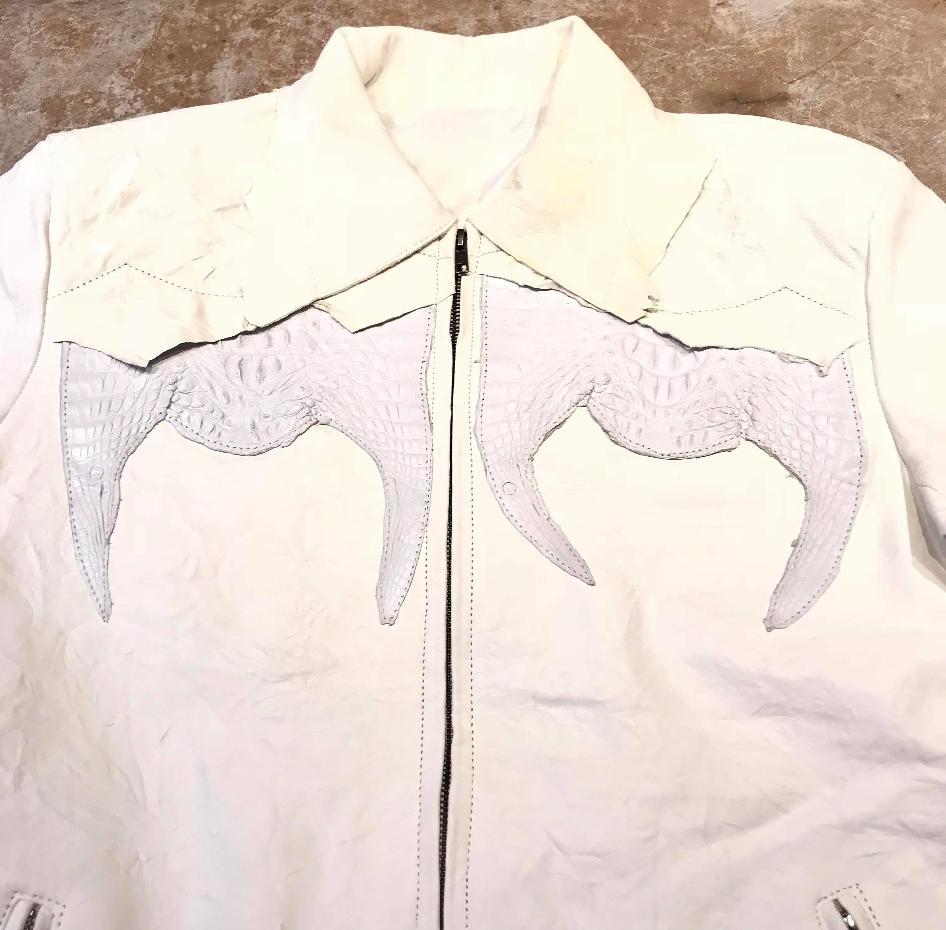 Kashani LUX White Raw Cut Alligator Lambskin Bomber Jacket - Dudes Boutique