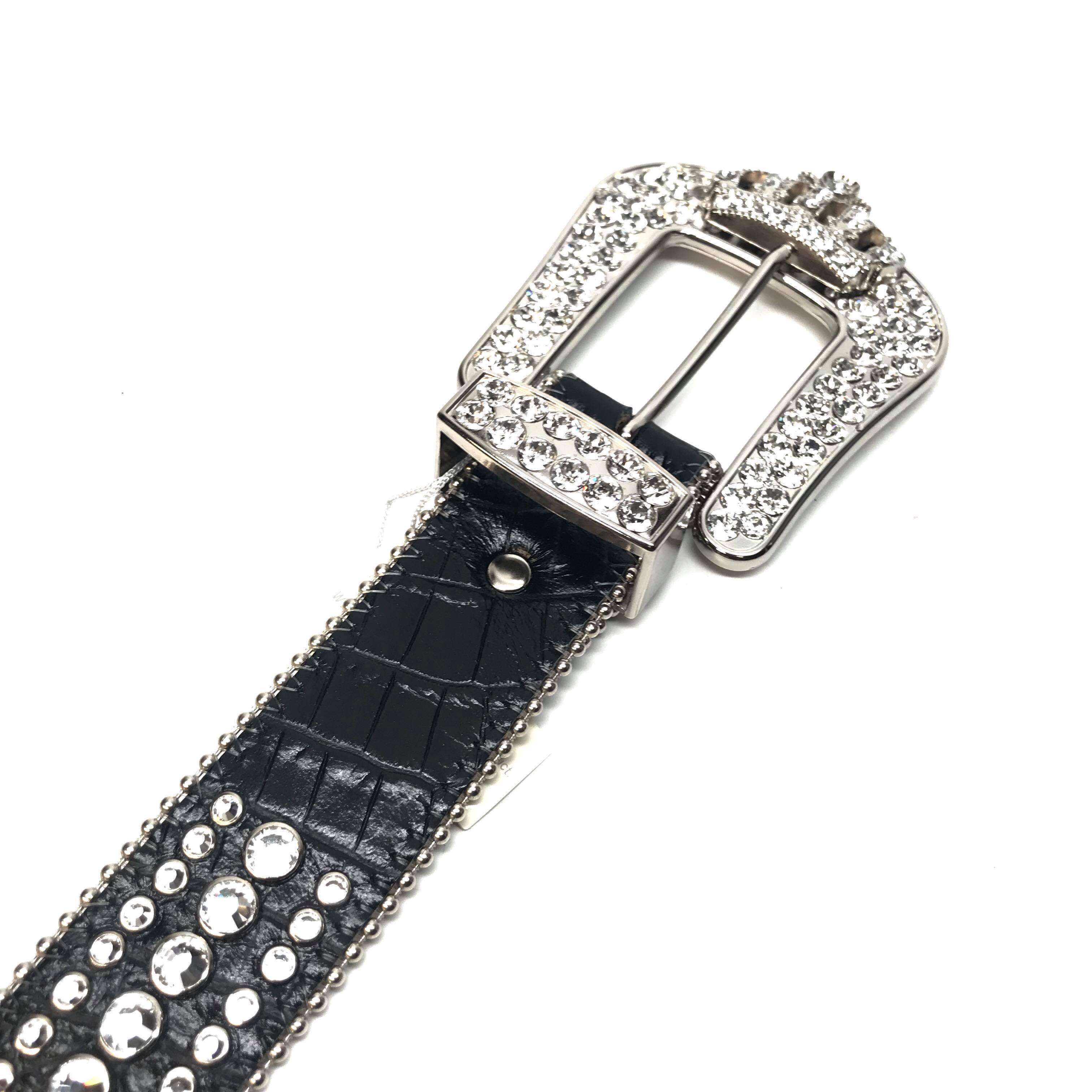 【 b b simon 】スワロフスキー Studs ウェスタンベルト B.B. SIMON Black Leather Square Swarovski Crystal Studded