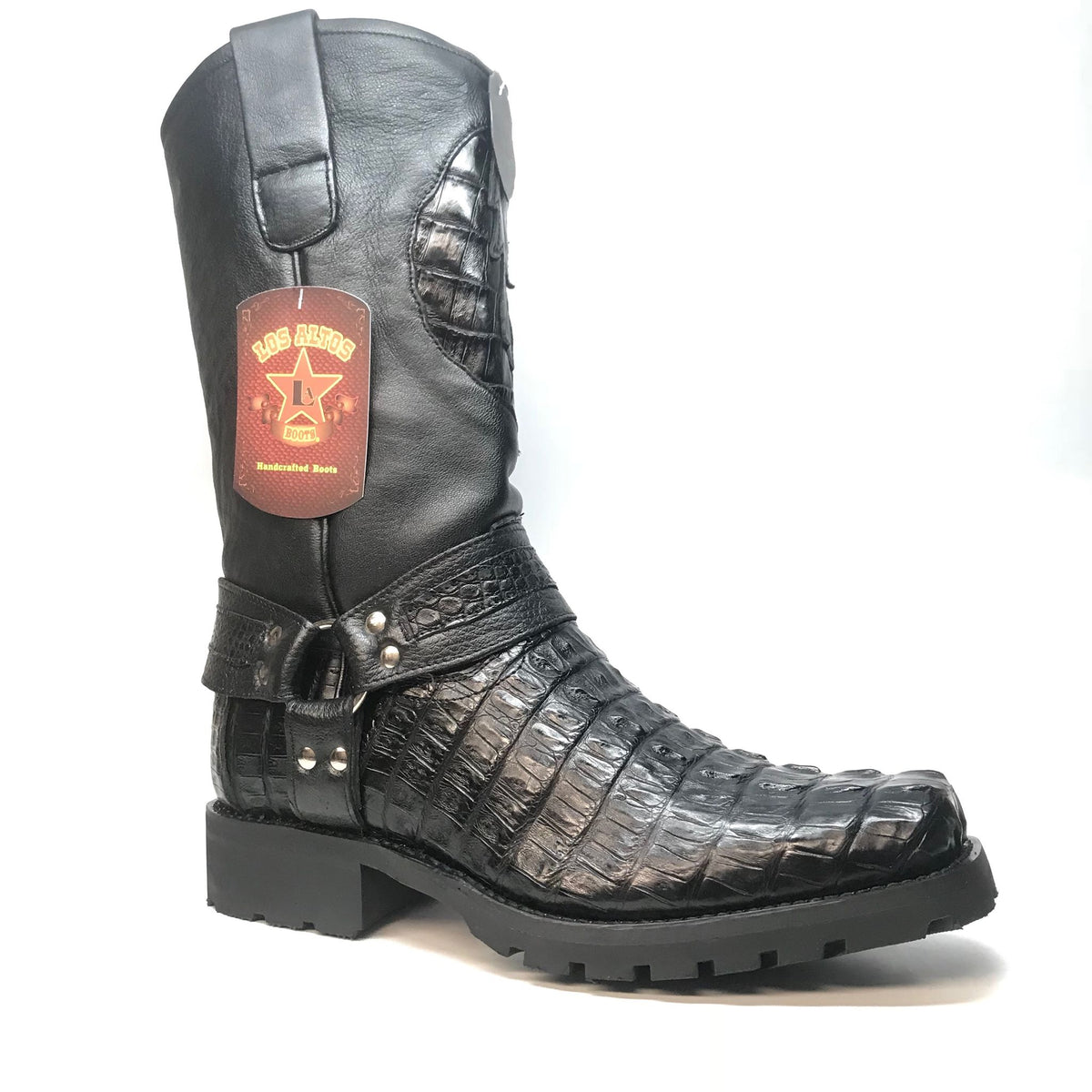 Los Altos Black Harness Crocodile Tail Biker Boots - Dudes Boutique