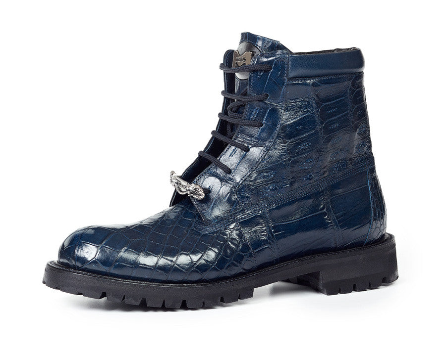 Mauri - 4637 Baby Croc + Ostrich Leg Wonder Blue Combat Boots - Dudes Boutique