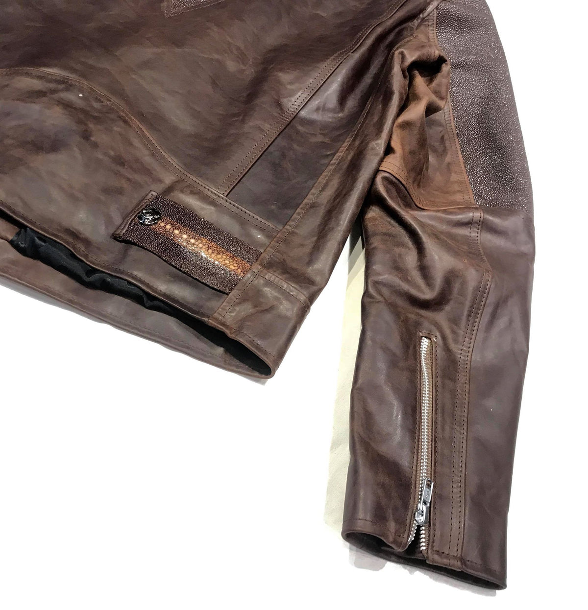 Kashani Chocolate Brown Stingray/Leather Biker Jacket - Dudes Boutique