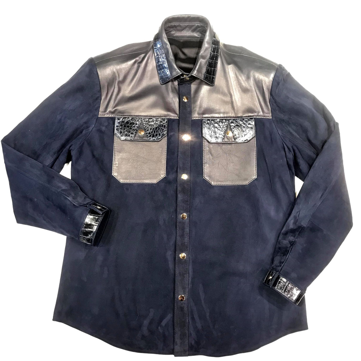 Kashani Deep Blue Suede Horn-Back Lambskin Shirt - Dudes Boutique