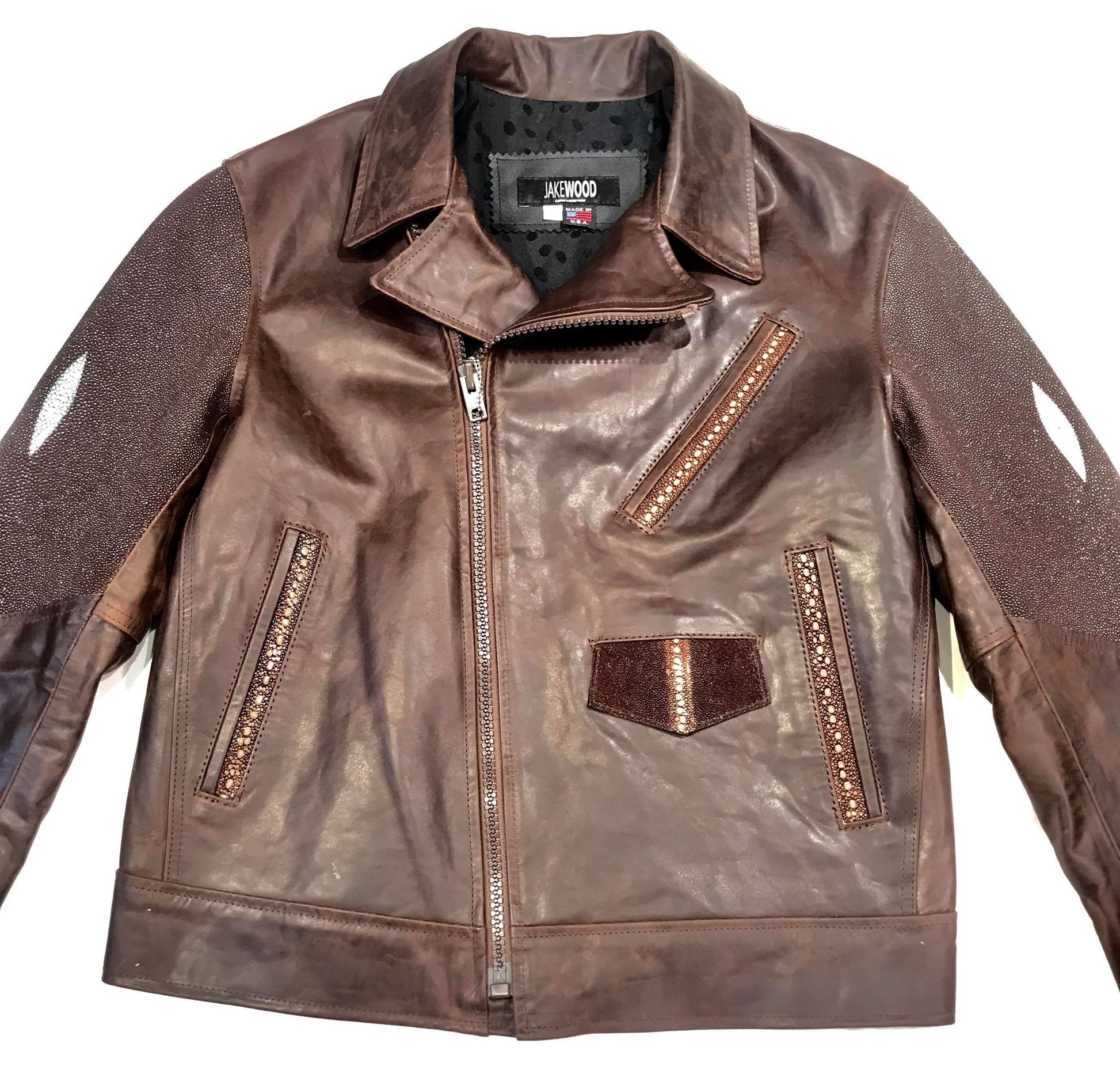 Kashani Chocolate Brown Stingray/Leather Biker Jacket - Dudes Boutique