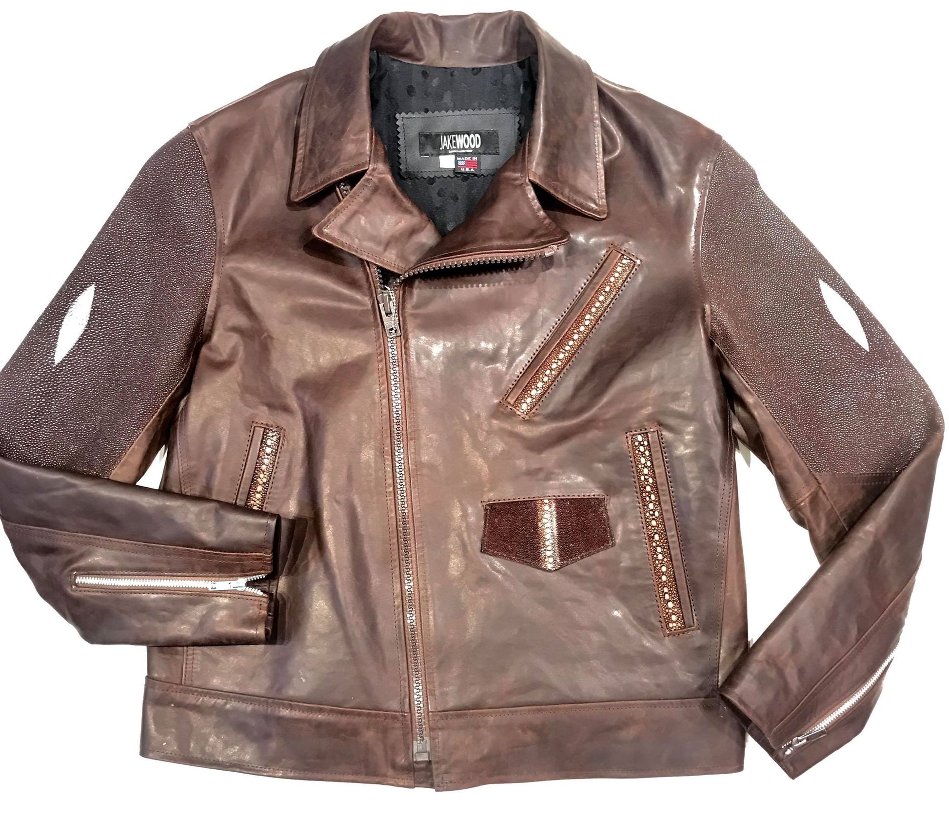 Kashani Chocolate Brown Stingray/Leather Biker Jacket - Dudes Boutique