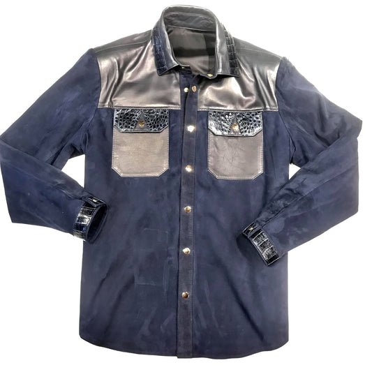 Kashani Deep Blue Suede Horn-Back Lambskin Shirt - Dudes Boutique