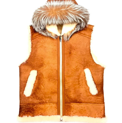 Kashani Whisky Fox Hooded Shearling Vest - Dudes Boutique