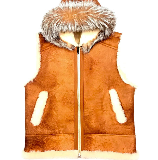 Kashani Whisky Fox Hooded Shearling Vest - Dudes Boutique