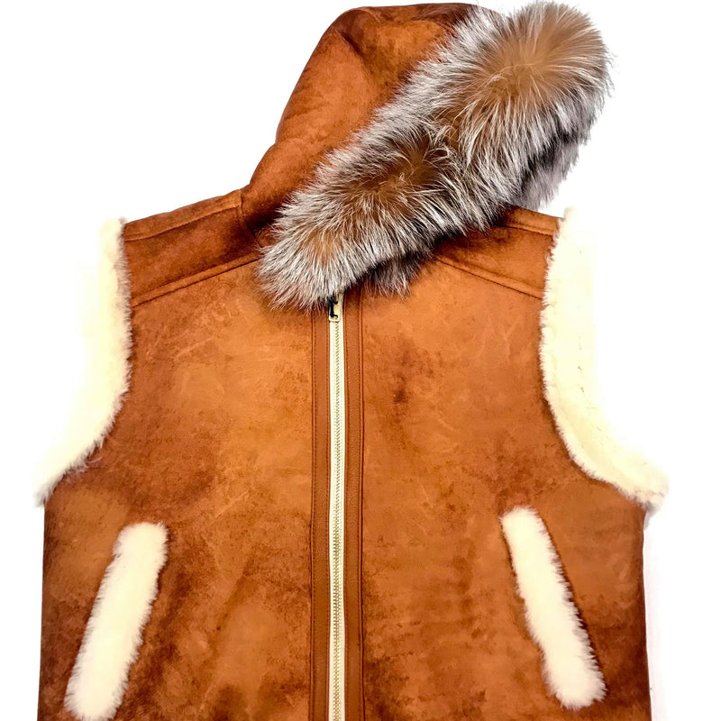 Kashani Whisky Fox Hooded Shearling Vest - Dudes Boutique