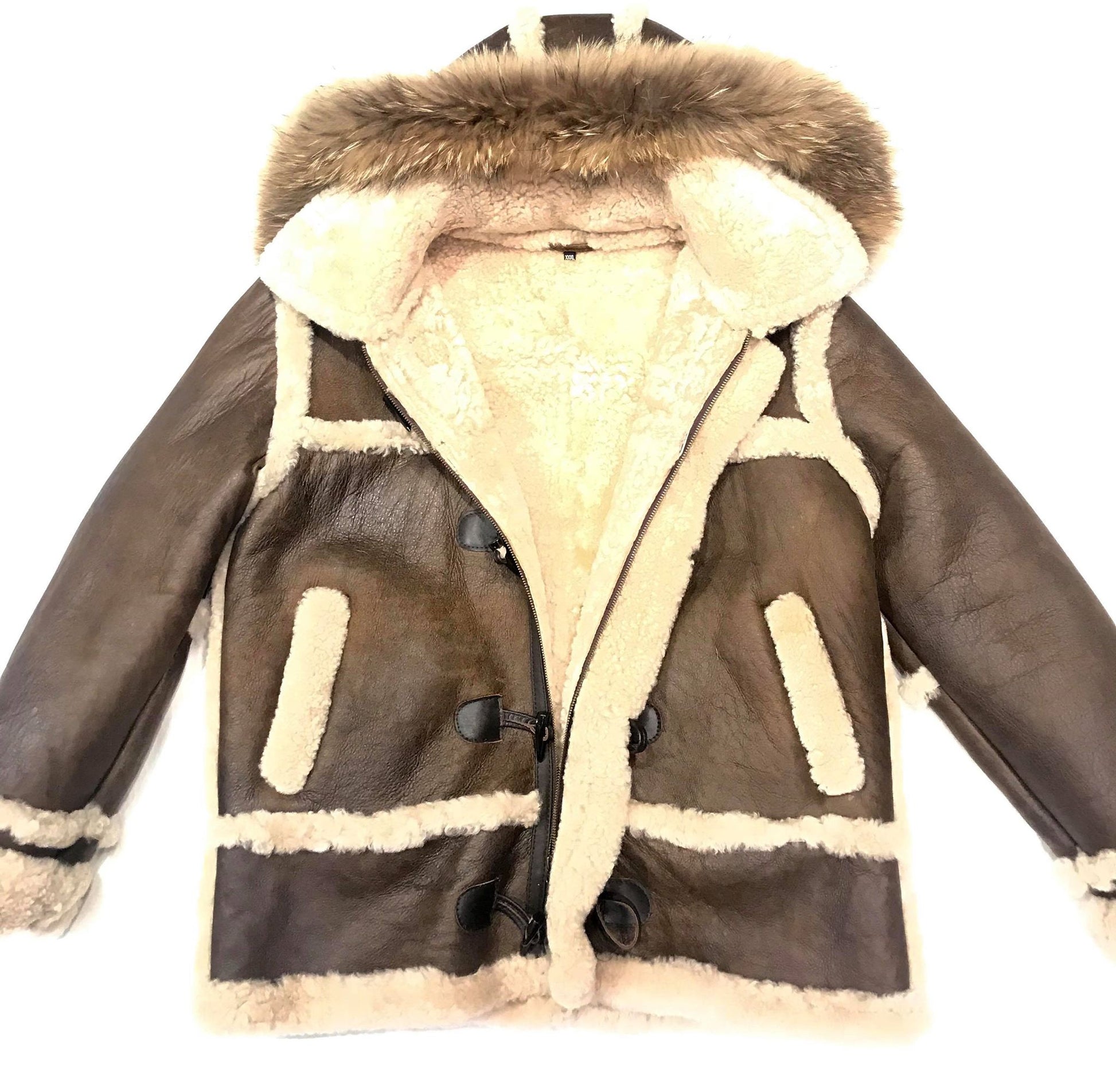 Kashani Deep Chocolate Duffel Fox Hooded Long Shearling Jacket - Dudes Boutique