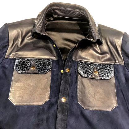 Kashani Deep Blue Suede Horn-Back Lambskin Shirt - Dudes Boutique
