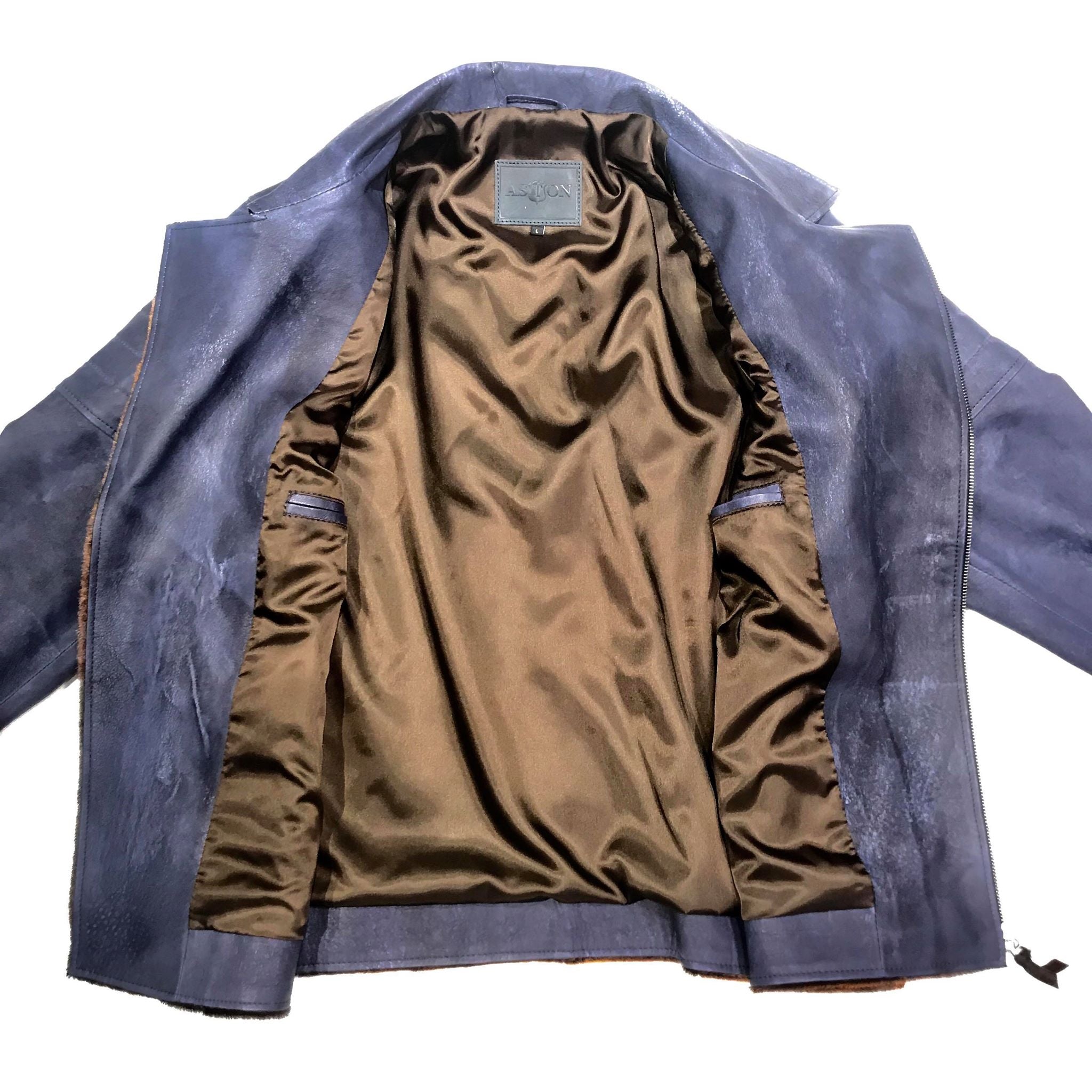 Aston Navy Natural Pony Hair Biker Jacket - Dudes Boutique