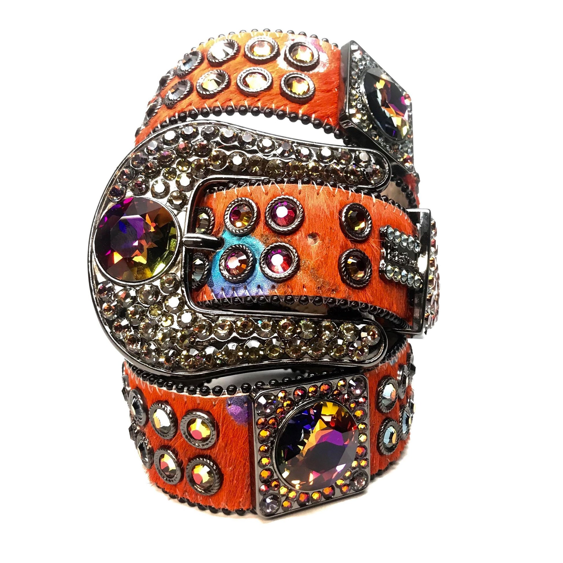 b.b. Simon Big Block Orange Iridescent Pony Hair Crystal Belt - Dudes Boutique