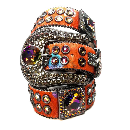 b.b. Simon Big Block Orange Iridescent Pony Hair Crystal Belt - Dudes Boutique