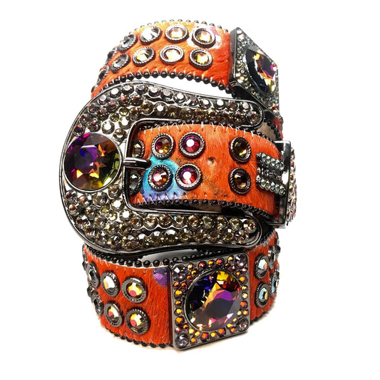 b.b. Simon Big Block Orange Iridescent Pony Hair Crystal Belt - Dudes Boutique