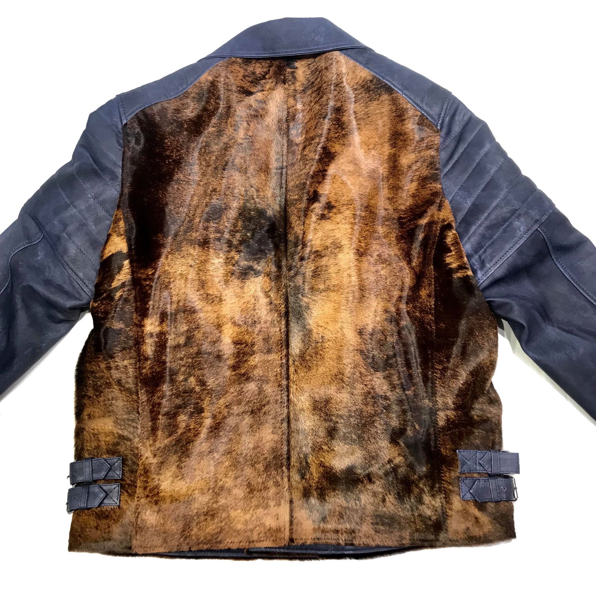 Aston Navy Natural Pony Hair Biker Jacket - Dudes Boutique