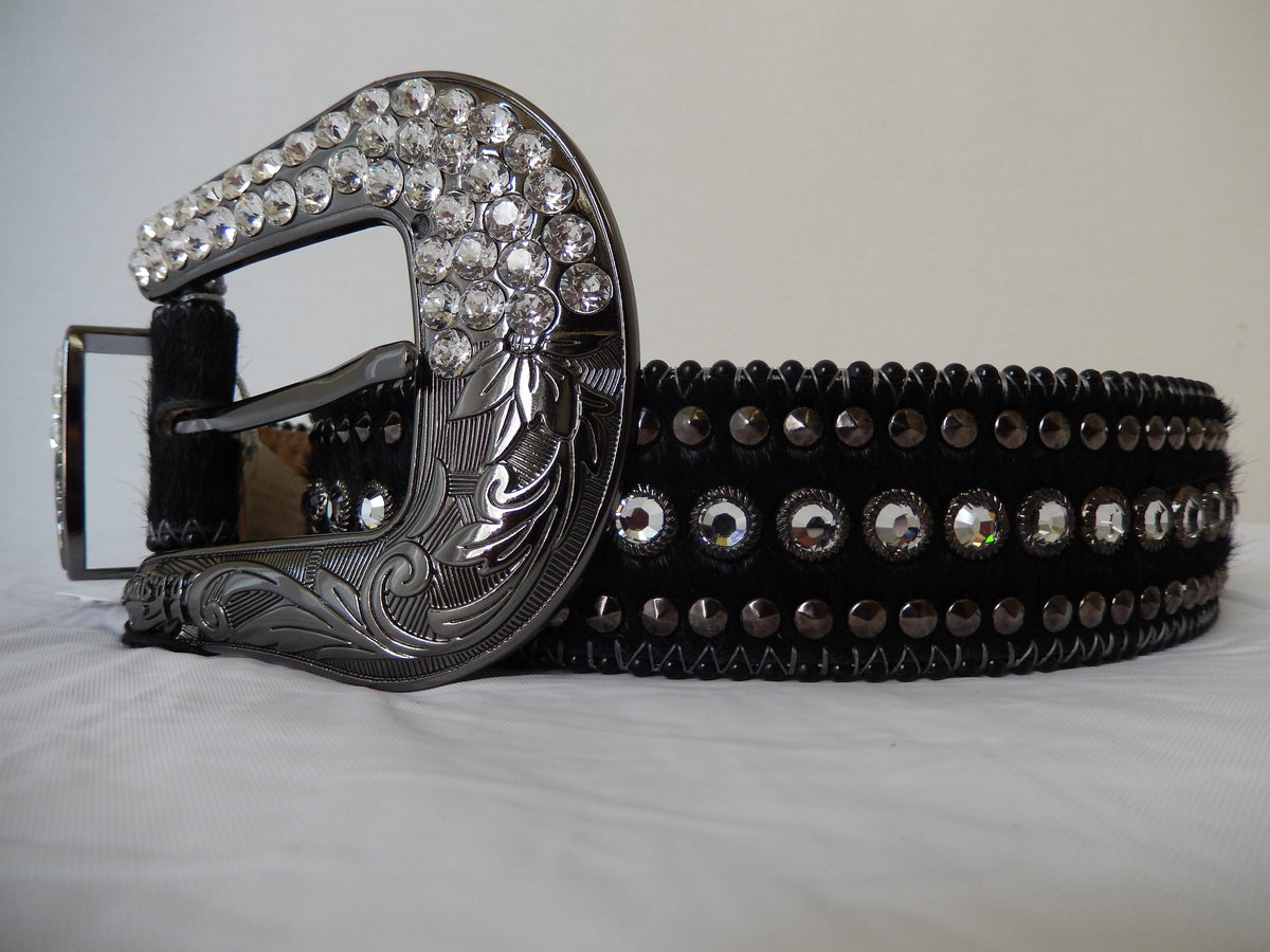 B.B. Simon Swarovski crystal black hair on hide belt with light blue Crystals. bb simon belt 36” authentic bb simon VERONICA... | Depop main image 4