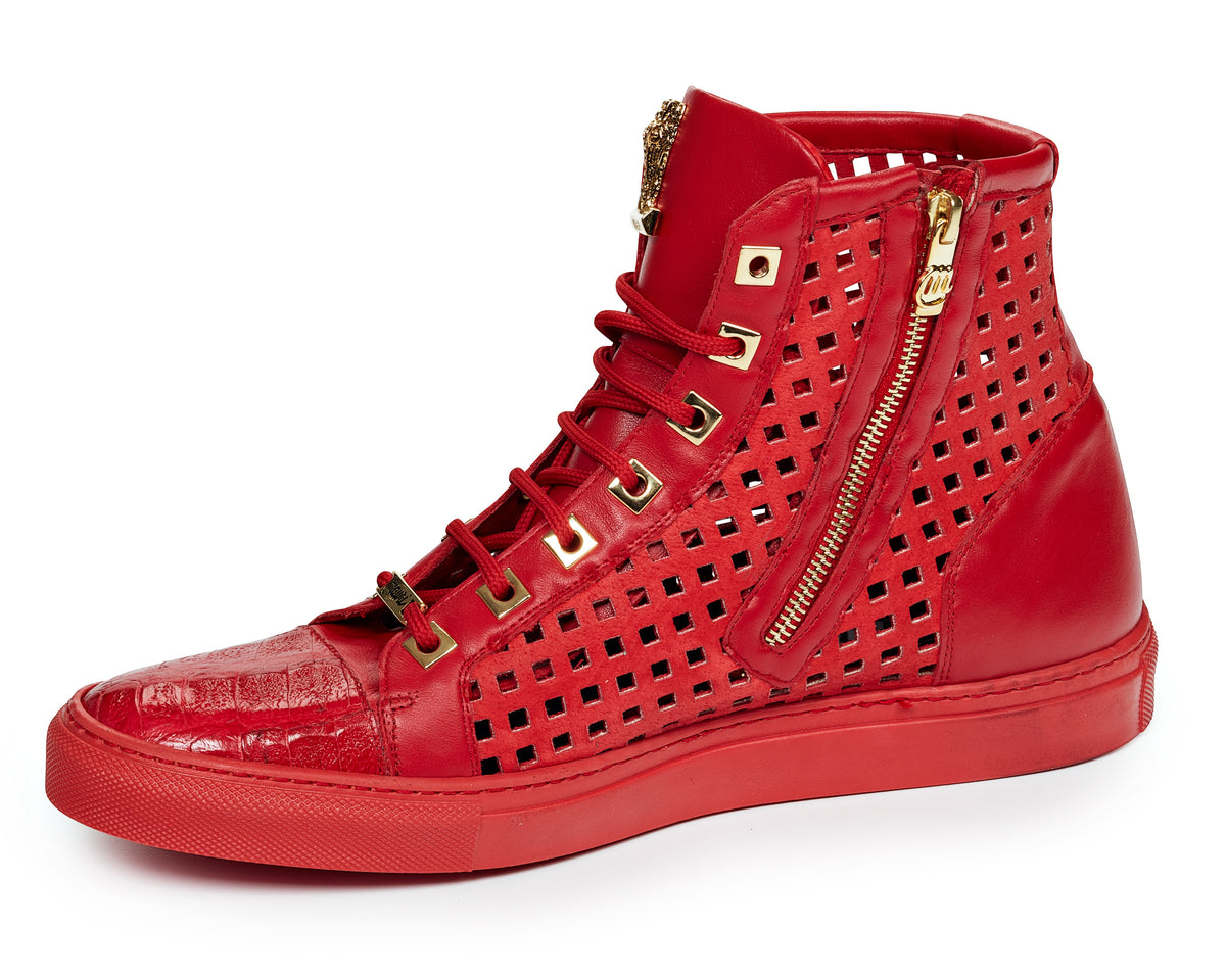 Mauri 8513 Candy Red Perforated High top Sneakers - Dudes Boutique