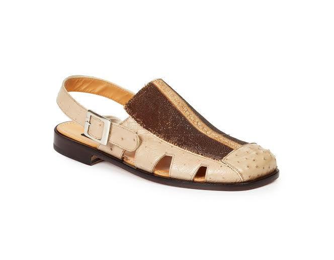 Mauri - 1972 Laguna White Genuine Ostrich Brown Beige Ray Highway Sandals - Dudes Boutique