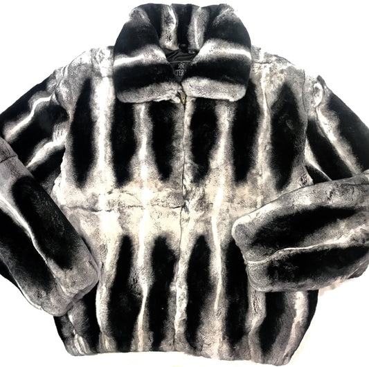 Kashani Grey Black Rex Rabbit Chinchilla Fur Coat - Dudes Boutique