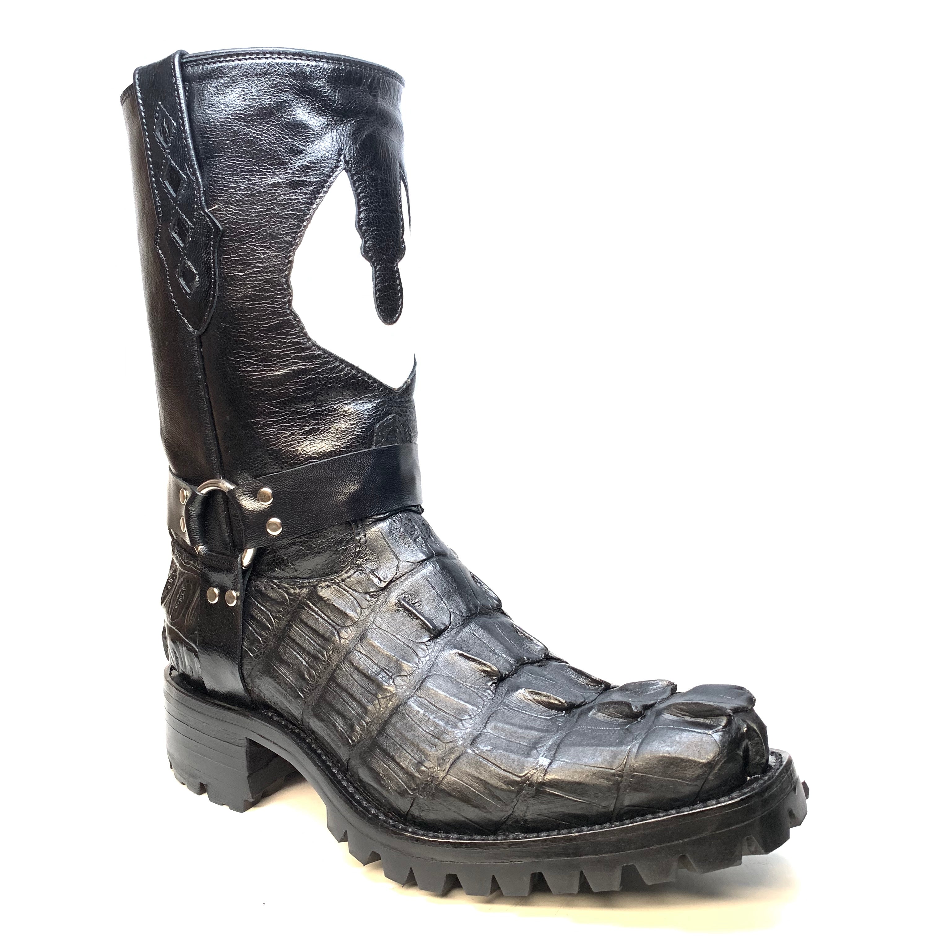 Safari Harness Black Hornback Crocodile Biker Boots - Dudes Boutique