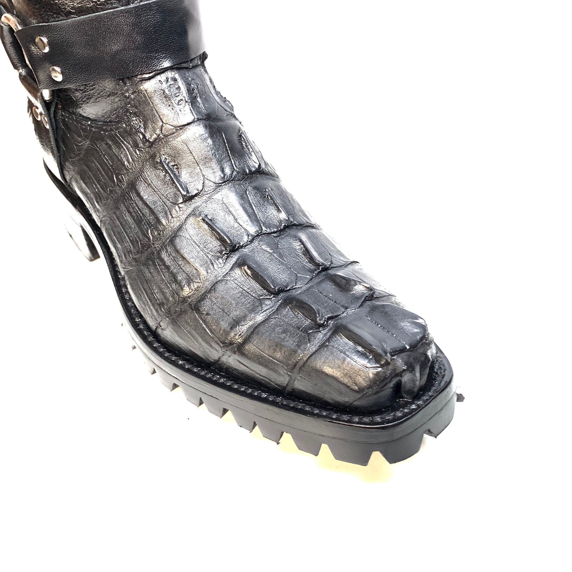 Safari Harness Black Hornback Crocodile Biker Boots - Dudes Boutique