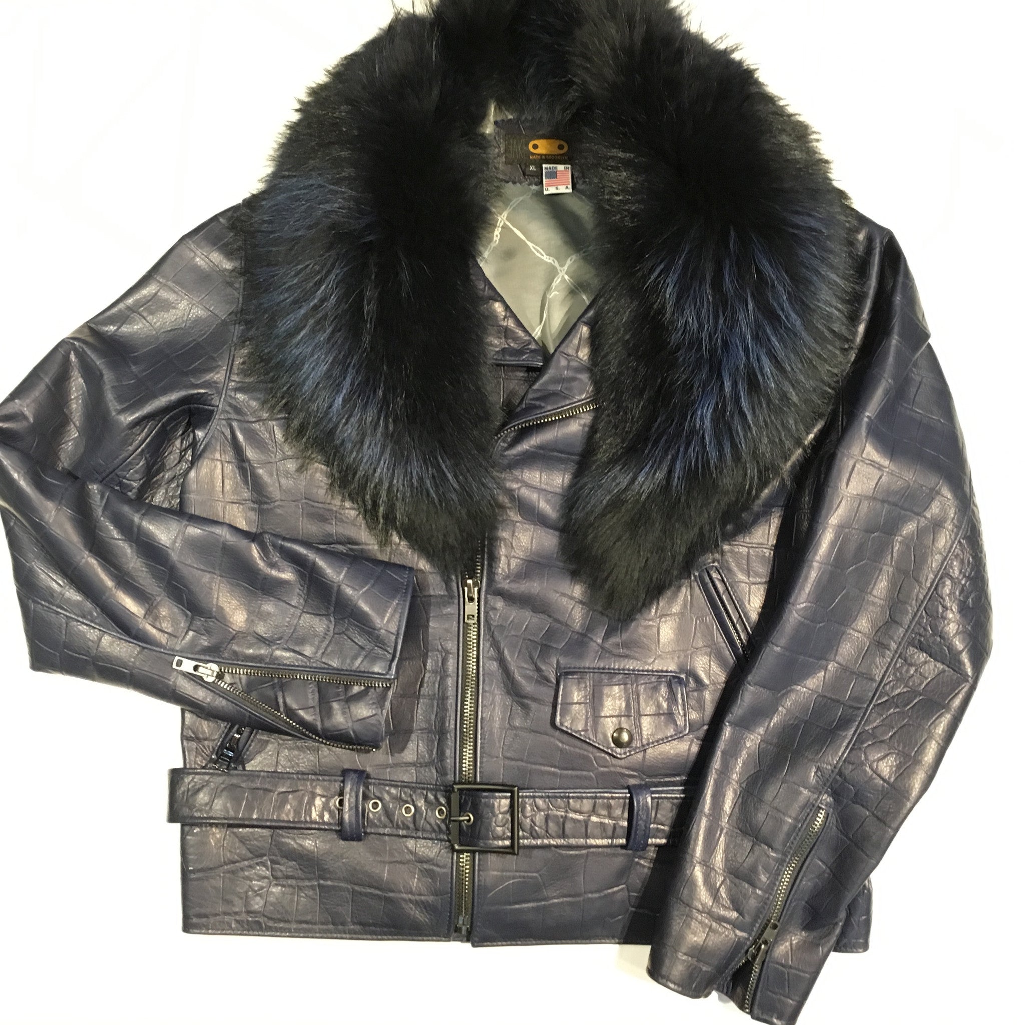 G-Gator Alligator Print Lambskin Moto Jacket w/ Full Fox Collar - Dudes Boutique