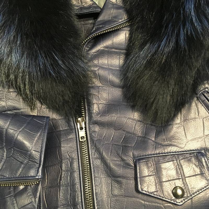 G-Gator Alligator Print Lambskin Moto Jacket w/ Full Fox Collar - Dudes Boutique