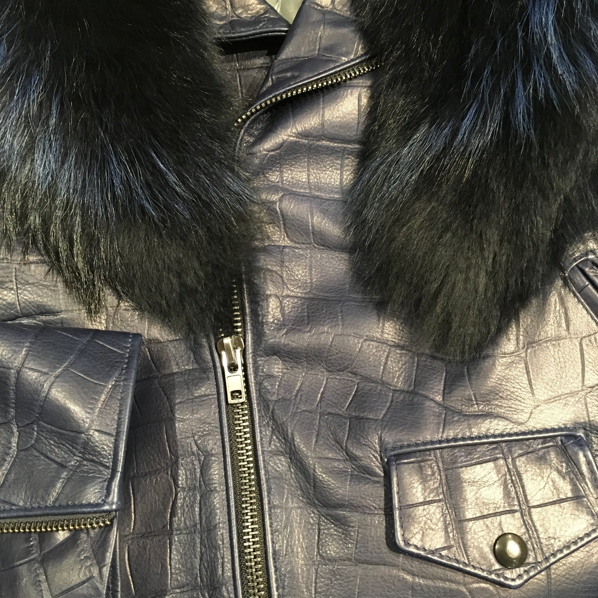 G-Gator Alligator Print Lambskin Moto Jacket w/ Full Fox Collar - Dudes Boutique