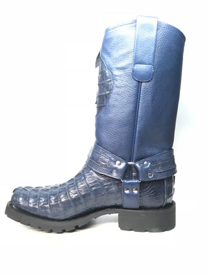 Los Altos Harness Navy Crocodile Biker Boots - Dudes Boutique