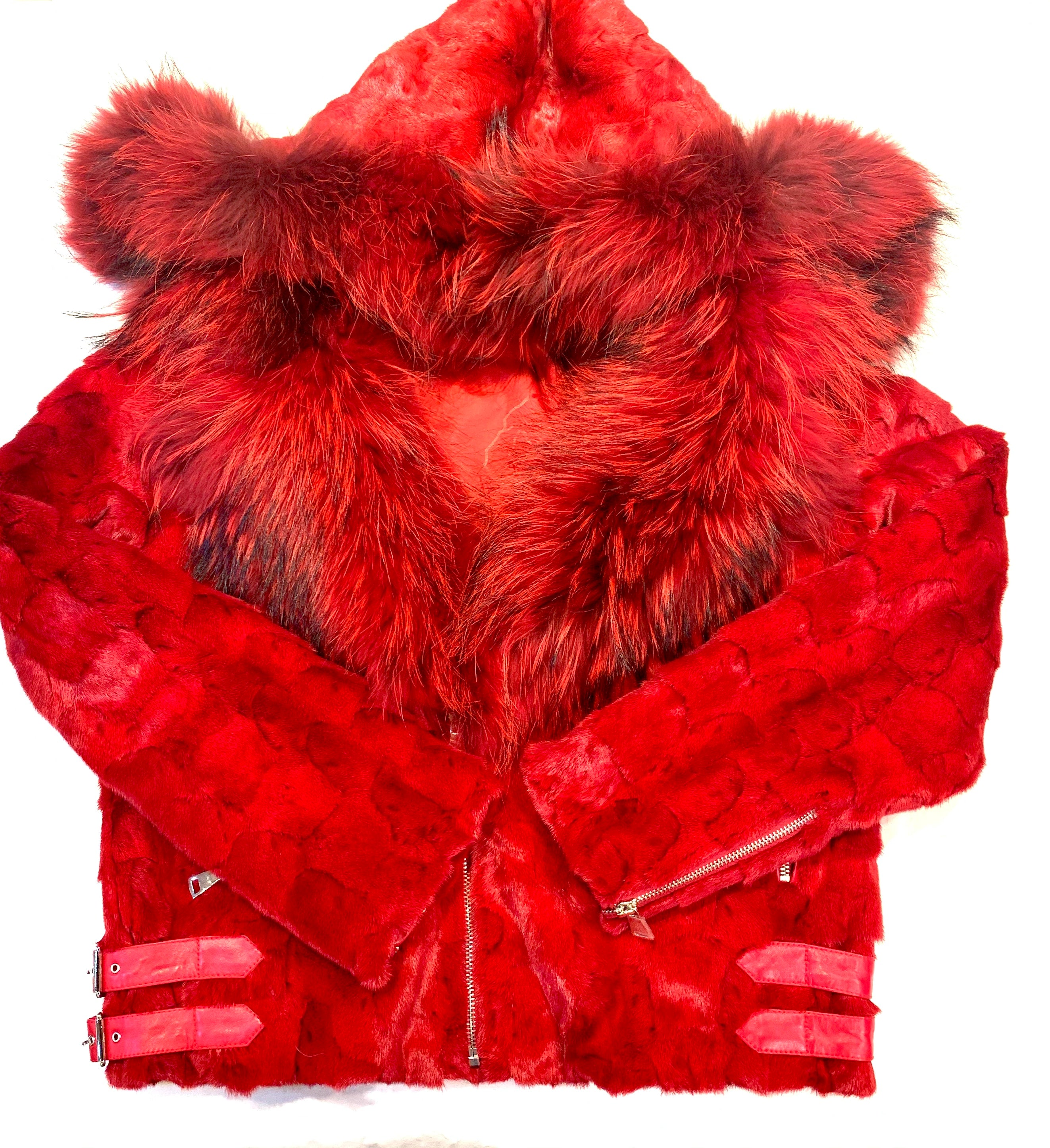 Kashani Mink Red Detachable Fox Collar Biker Jacket - Dudes Boutique