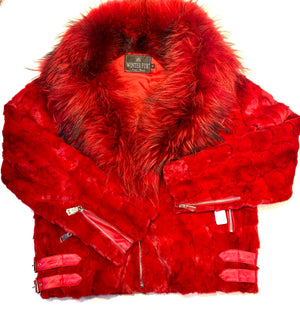 Kashani Mink Red Detachable Fox Collar Biker Jacket - Dudes Boutique