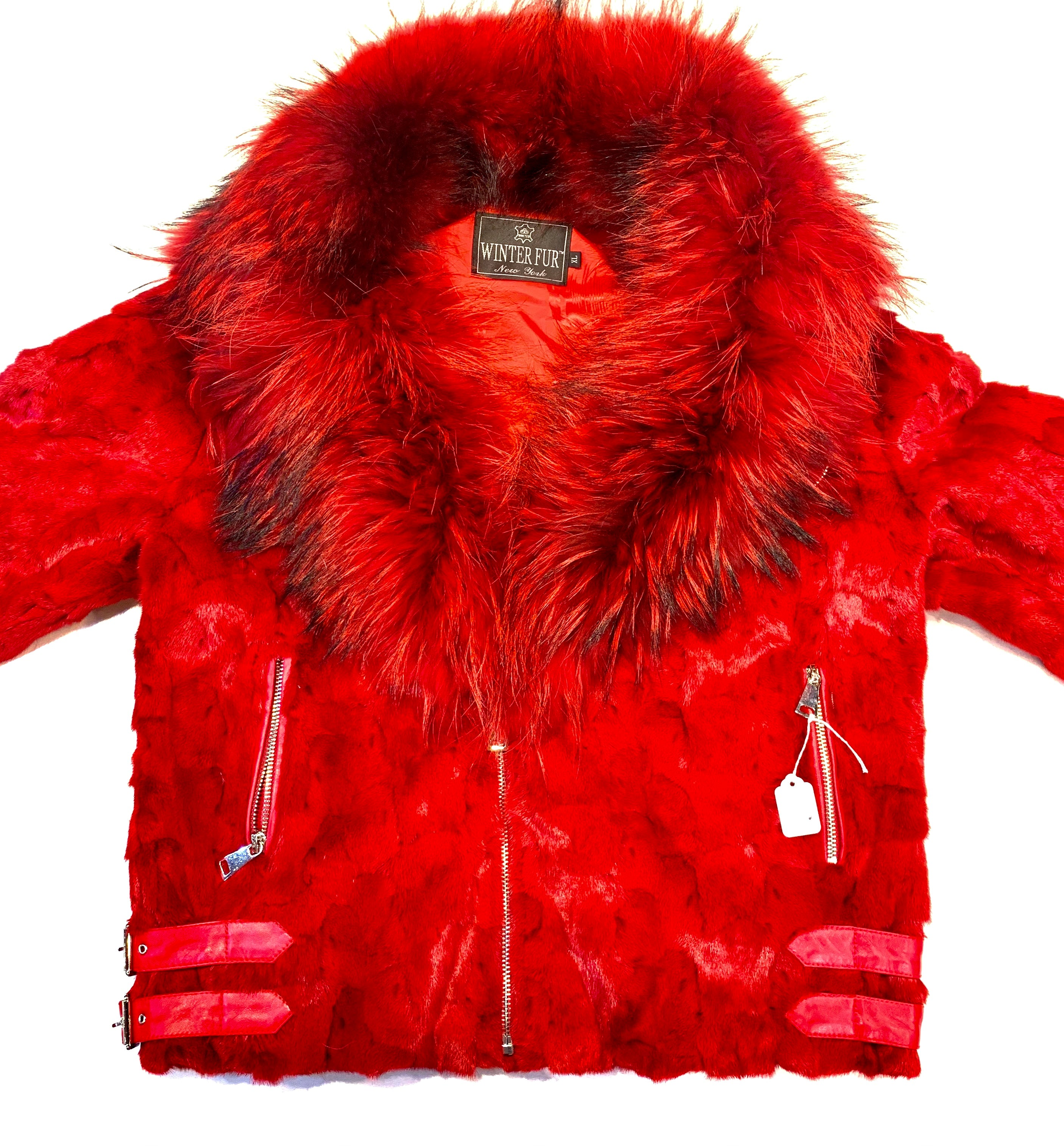 Kashani Mink Red Detachable Fox Collar Biker Jacket - Dudes Boutique