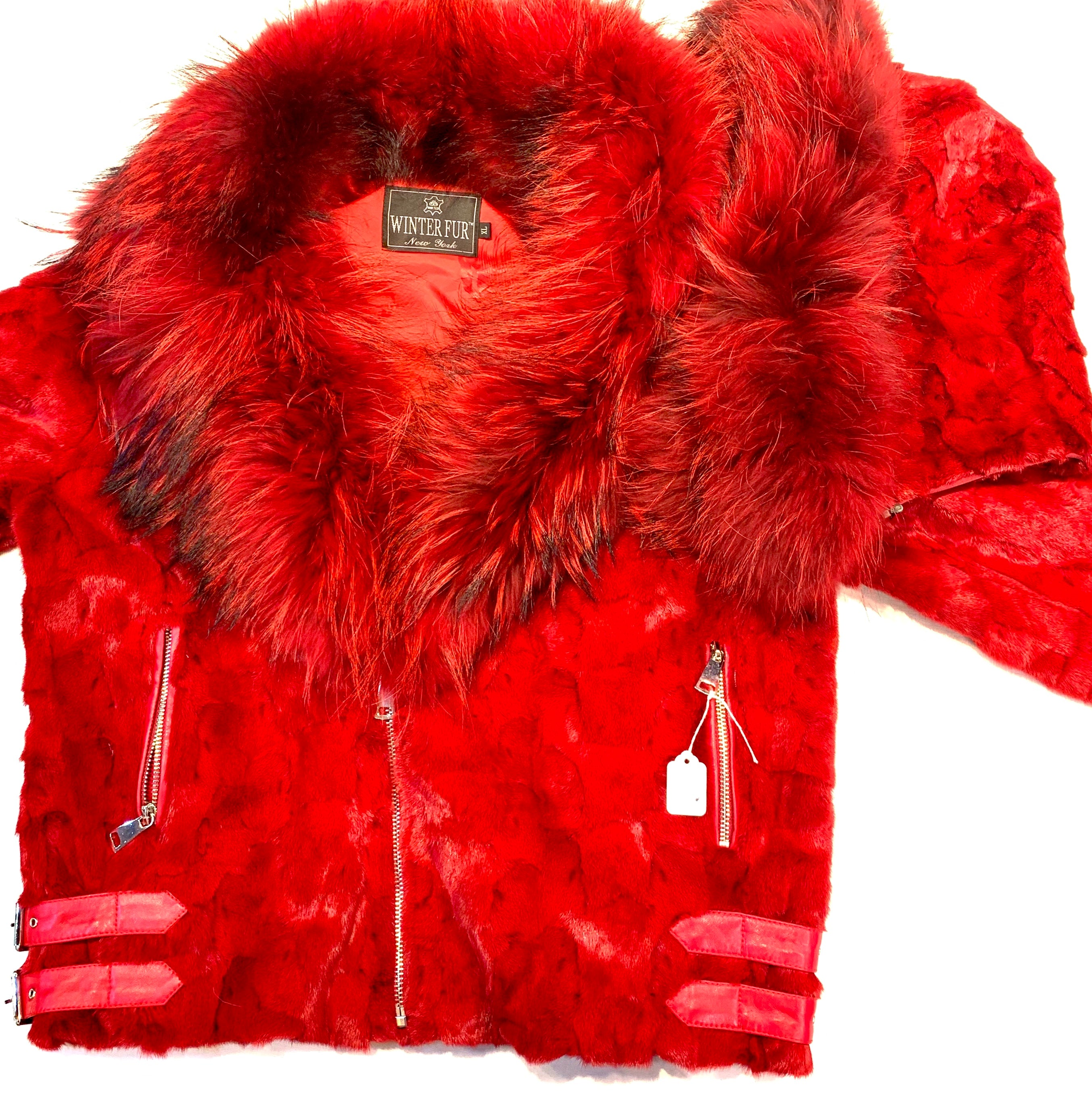 Kashani Mink Red Detachable Fox Collar Biker Jacket - Dudes Boutique