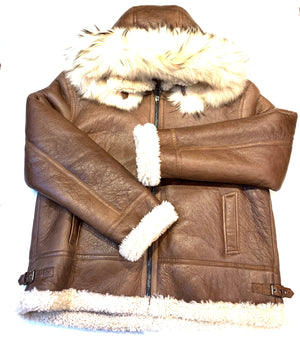 Kashani Men's Chocolate Brown Shearling Fox Hooded Bomber Jacket - Dudes Boutique