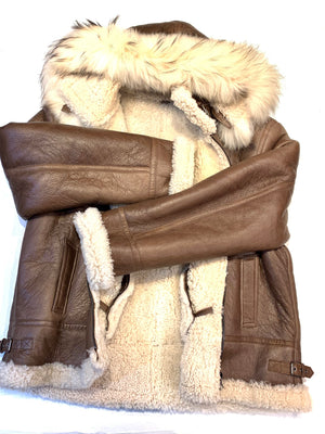 Kashani Men's Chocolate Brown Shearling Fox Hooded Bomber Jacket - Dudes Boutique