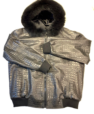 Kashani Men's Black Embossed Gator Fox Hooded Jacket - Dudes Boutique