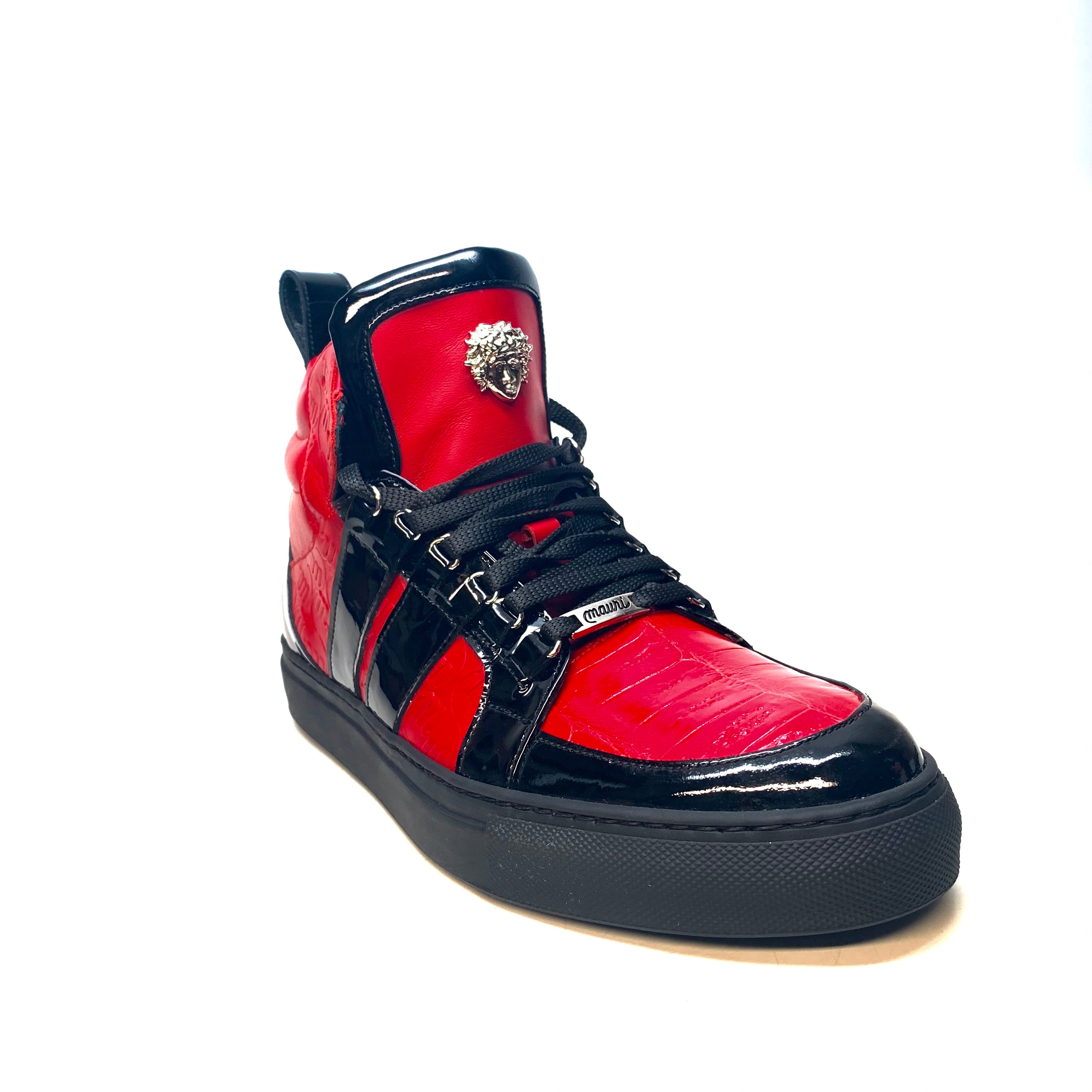 Mauri "8410" Red Black Alligator/Patent Leather High-Top Sneakers - Dudes Boutique