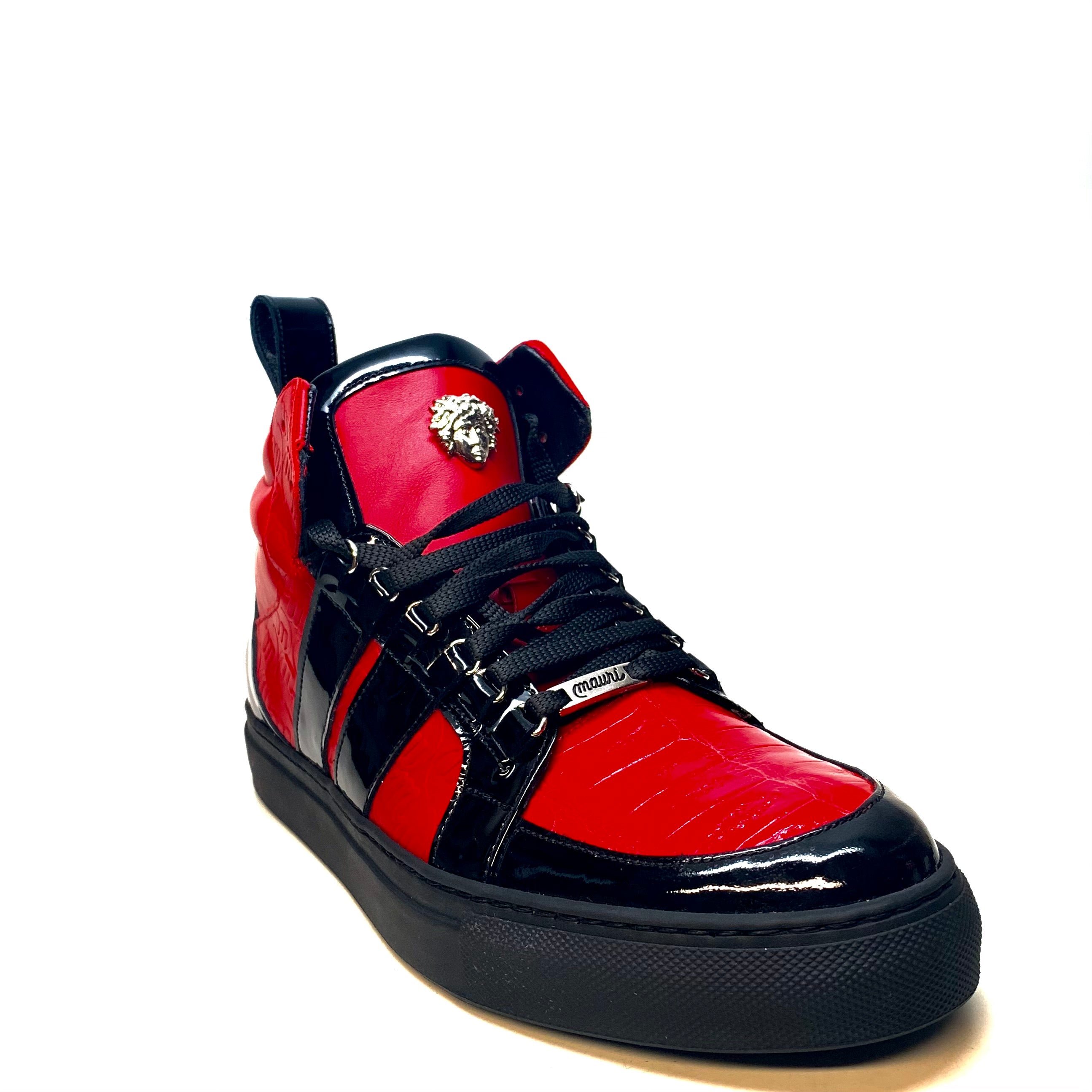 Mauri "8410" Red Black Alligator/Patent Leather High-Top Sneakers - Dudes Boutique