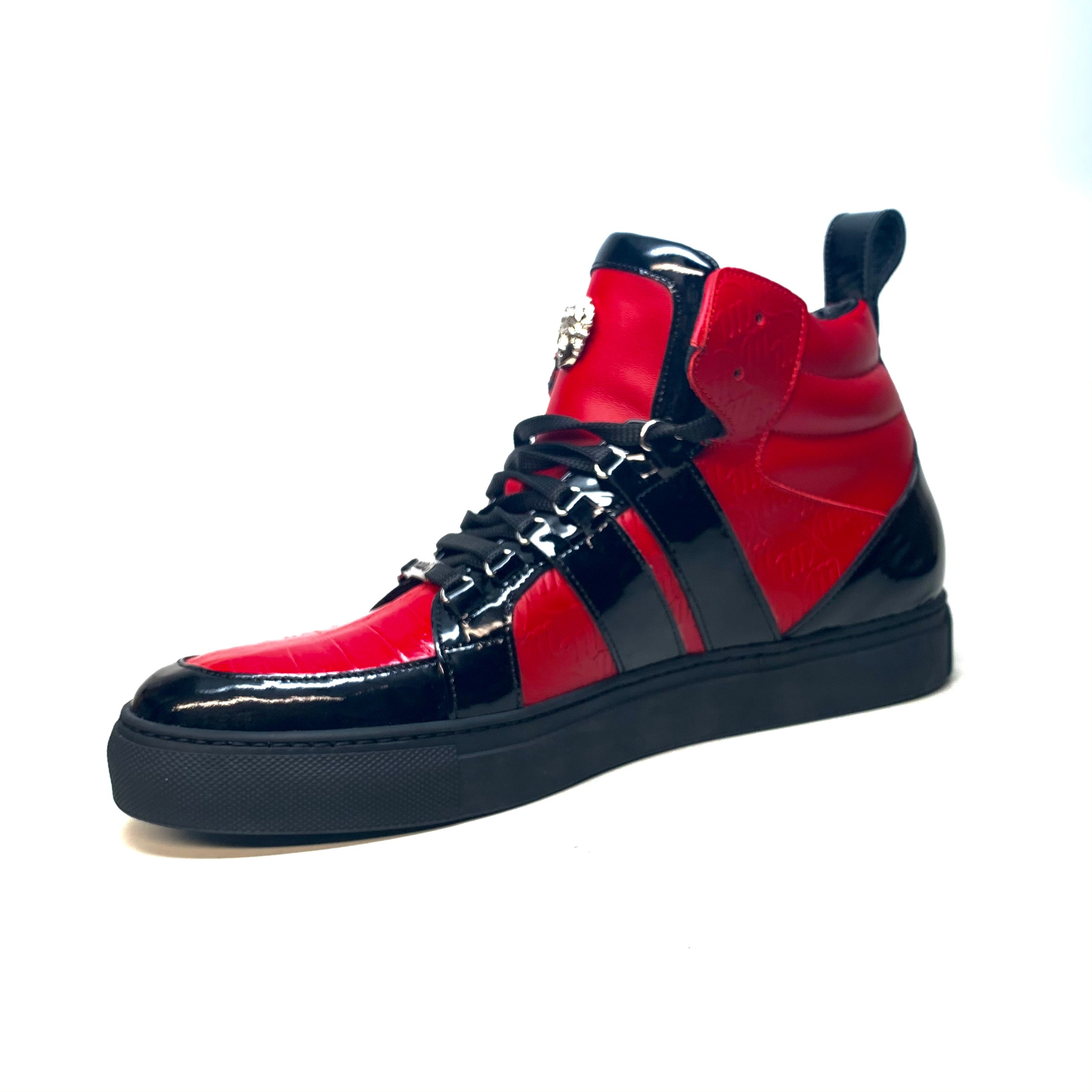 Mauri "8410" Red Black Alligator/Patent Leather High-Top Sneakers - Dudes Boutique