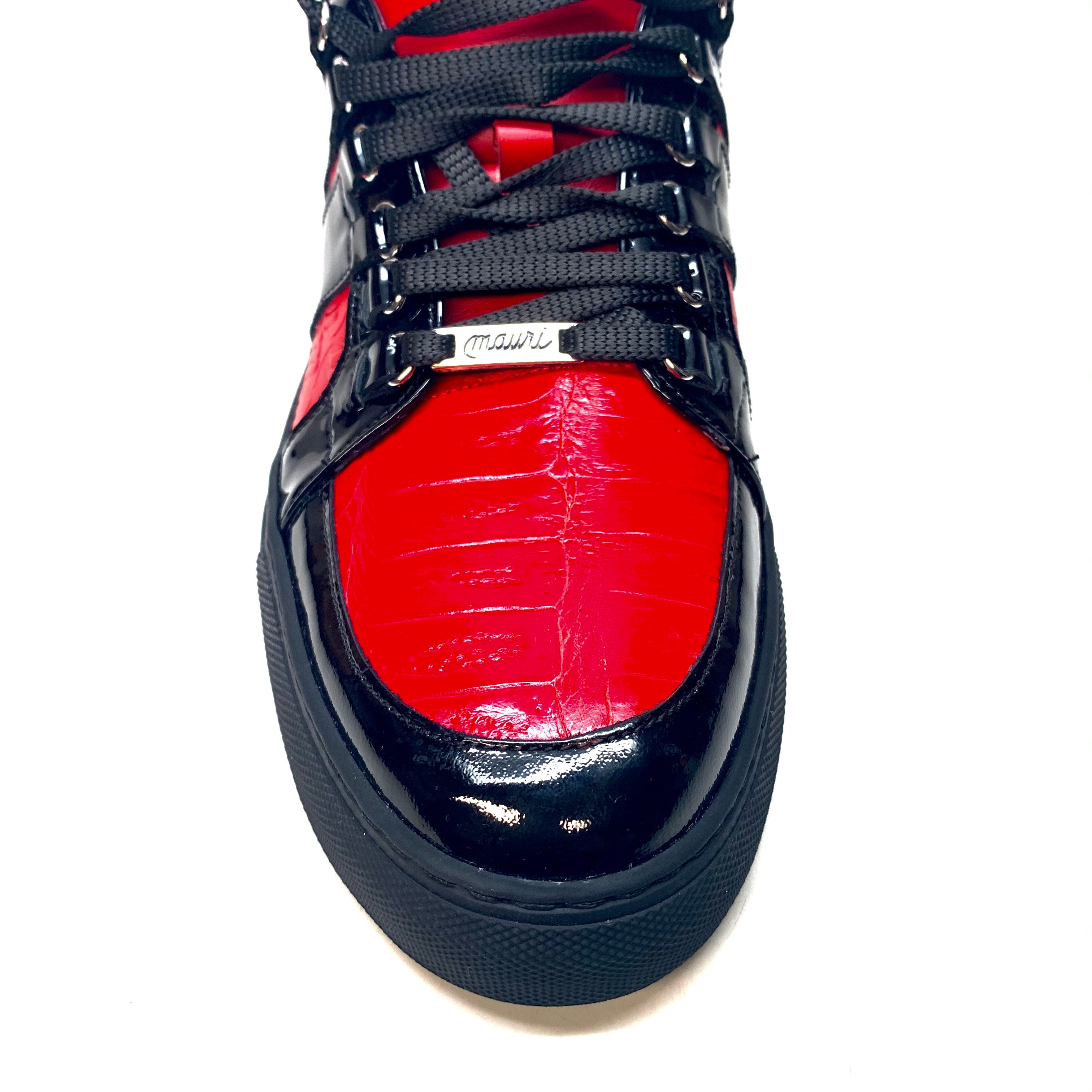 Mauri "8410" Red Black Alligator/Patent Leather High-Top Sneakers - Dudes Boutique