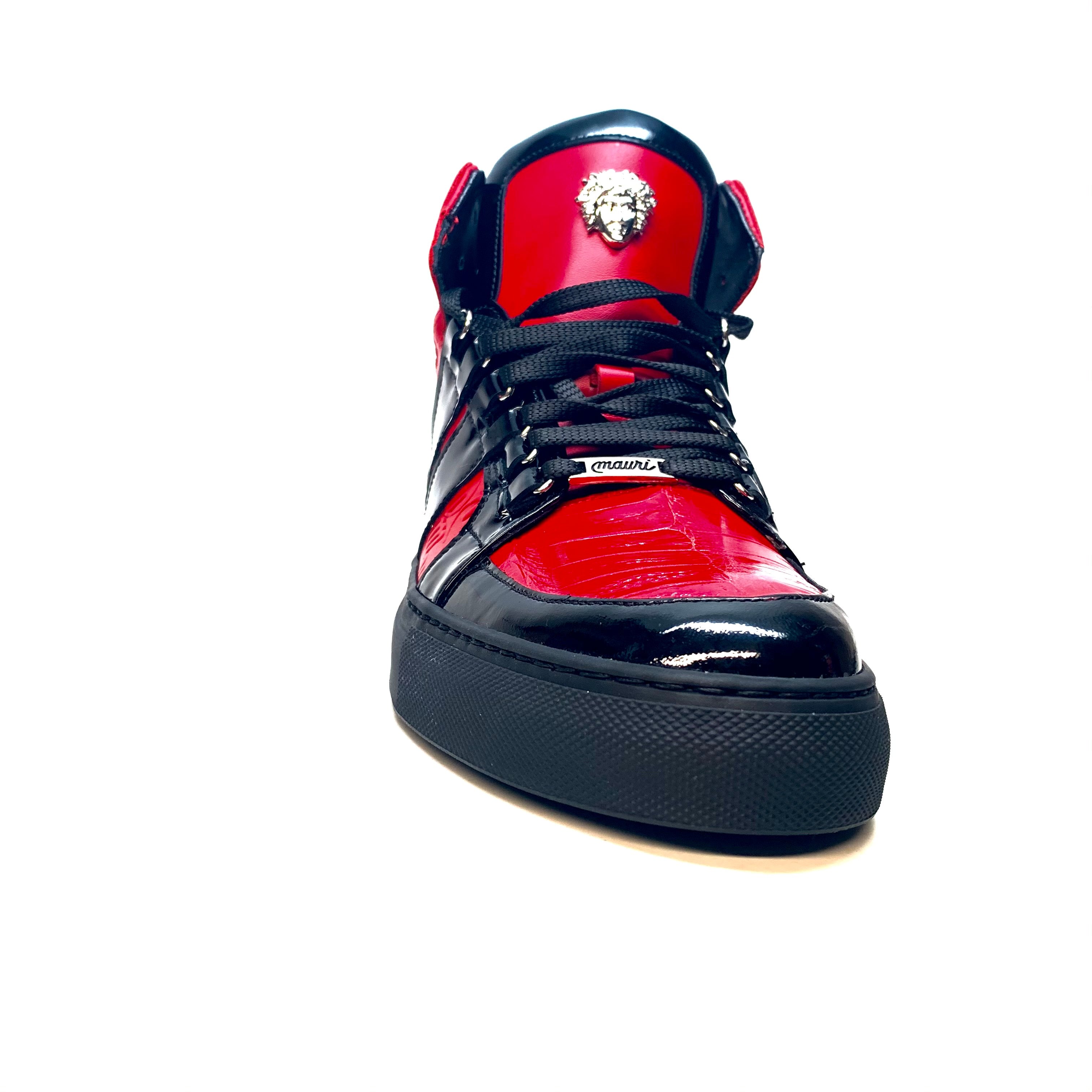 Mauri "8410" Red Black Alligator/Patent Leather High-Top Sneakers - Dudes Boutique