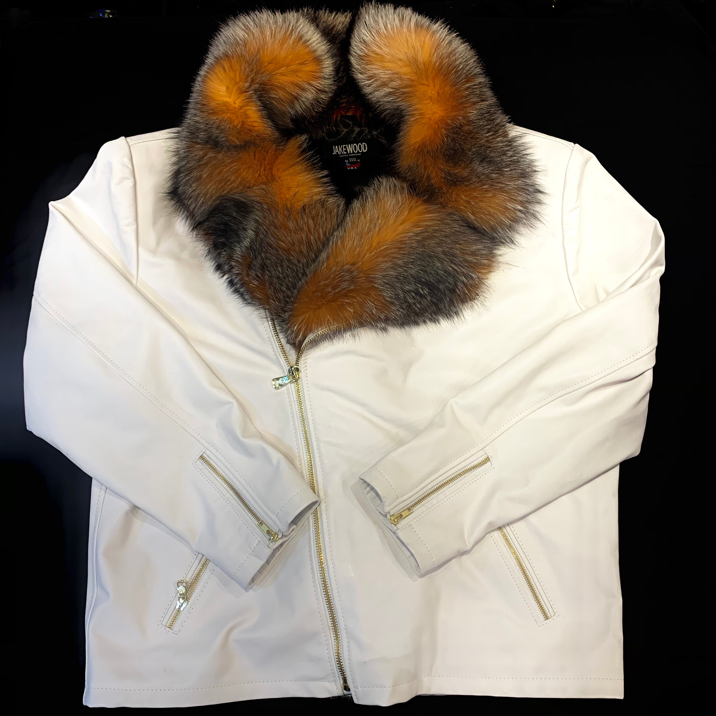 Kashani Men's White LambSkin Red Fox Collar Biker Jacket - Dudes Boutique