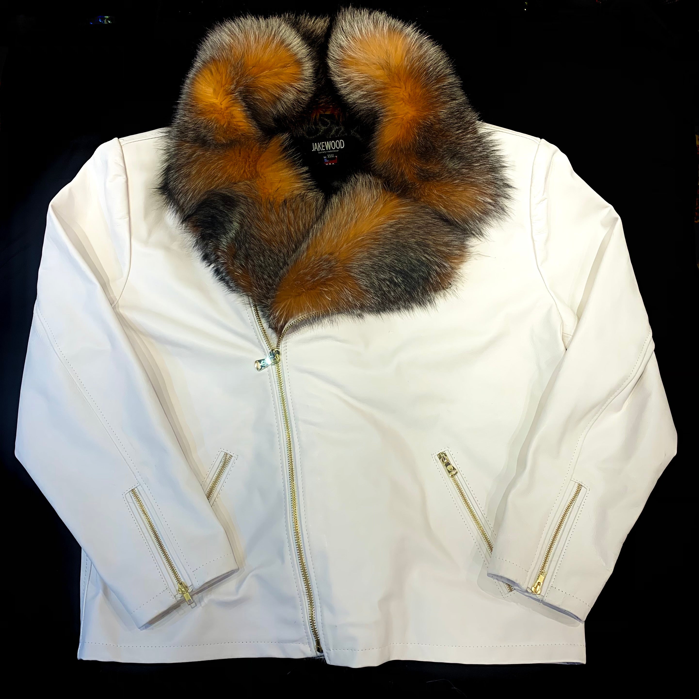 Kashani Men's White LambSkin Red Fox Collar Biker Jacket - Dudes Boutique