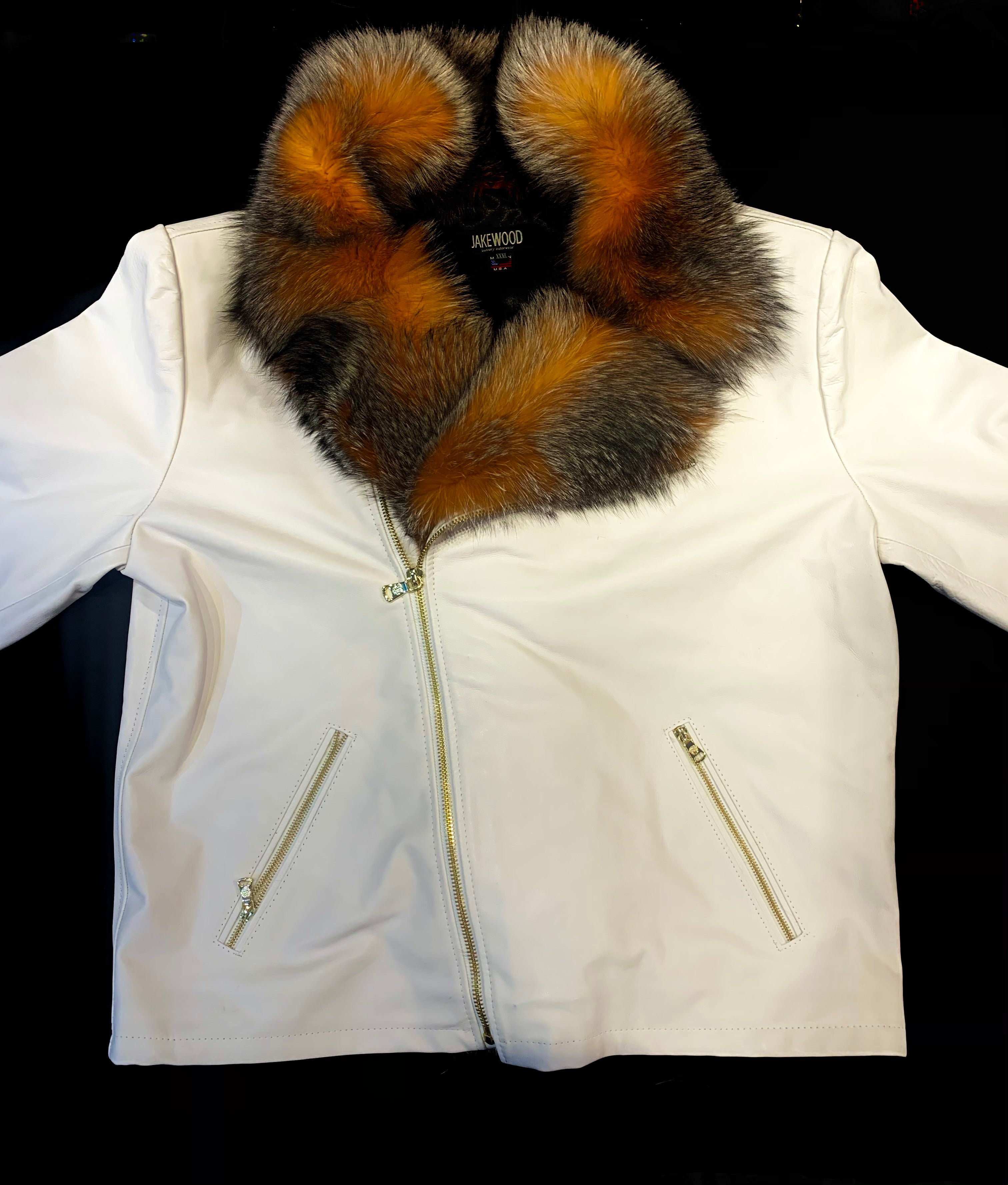 Kashani Men's White LambSkin Red Fox Collar Biker Jacket - Dudes Boutique