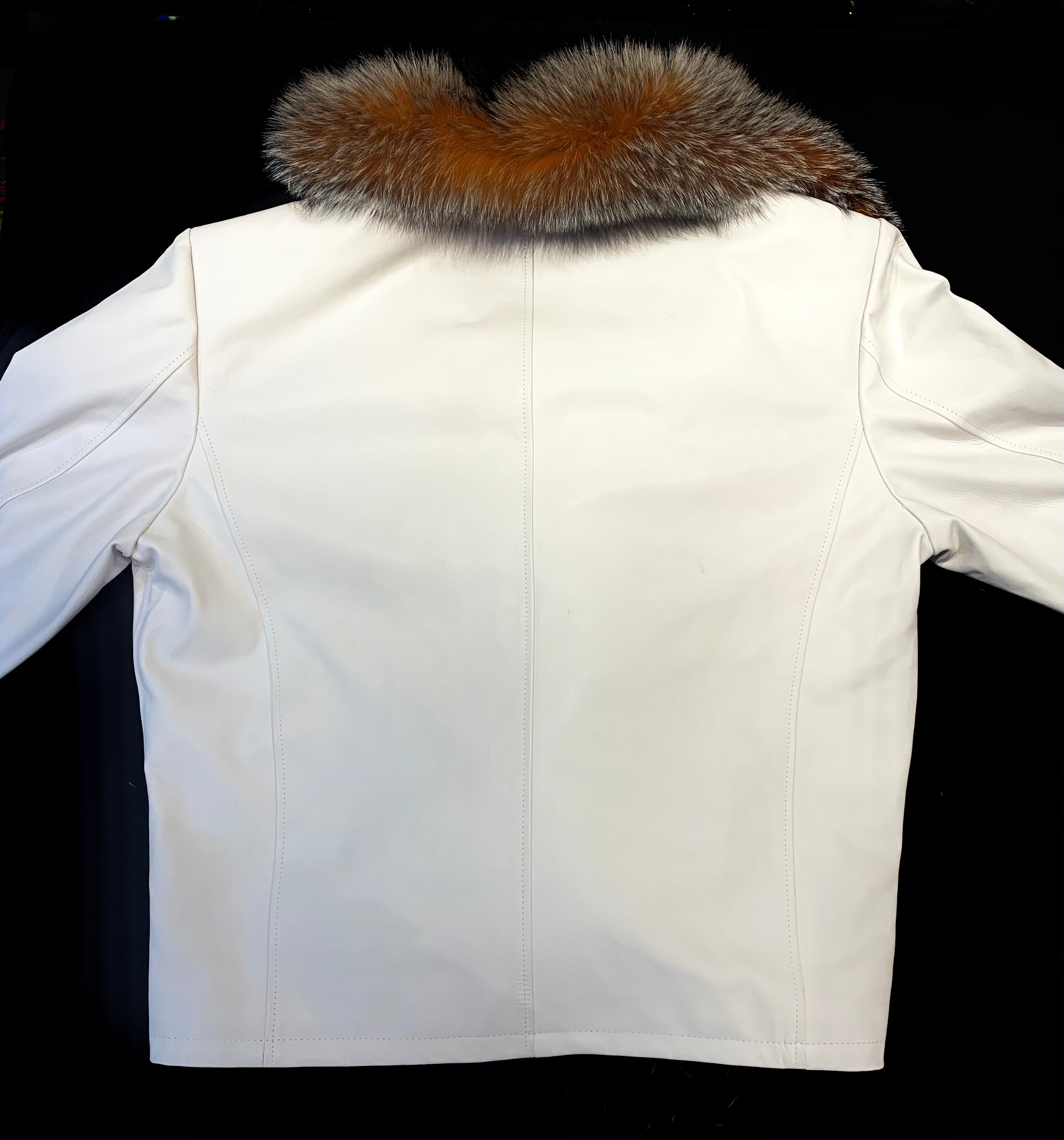 Kashani Men's White LambSkin Red Fox Collar Biker Jacket - Dudes Boutique